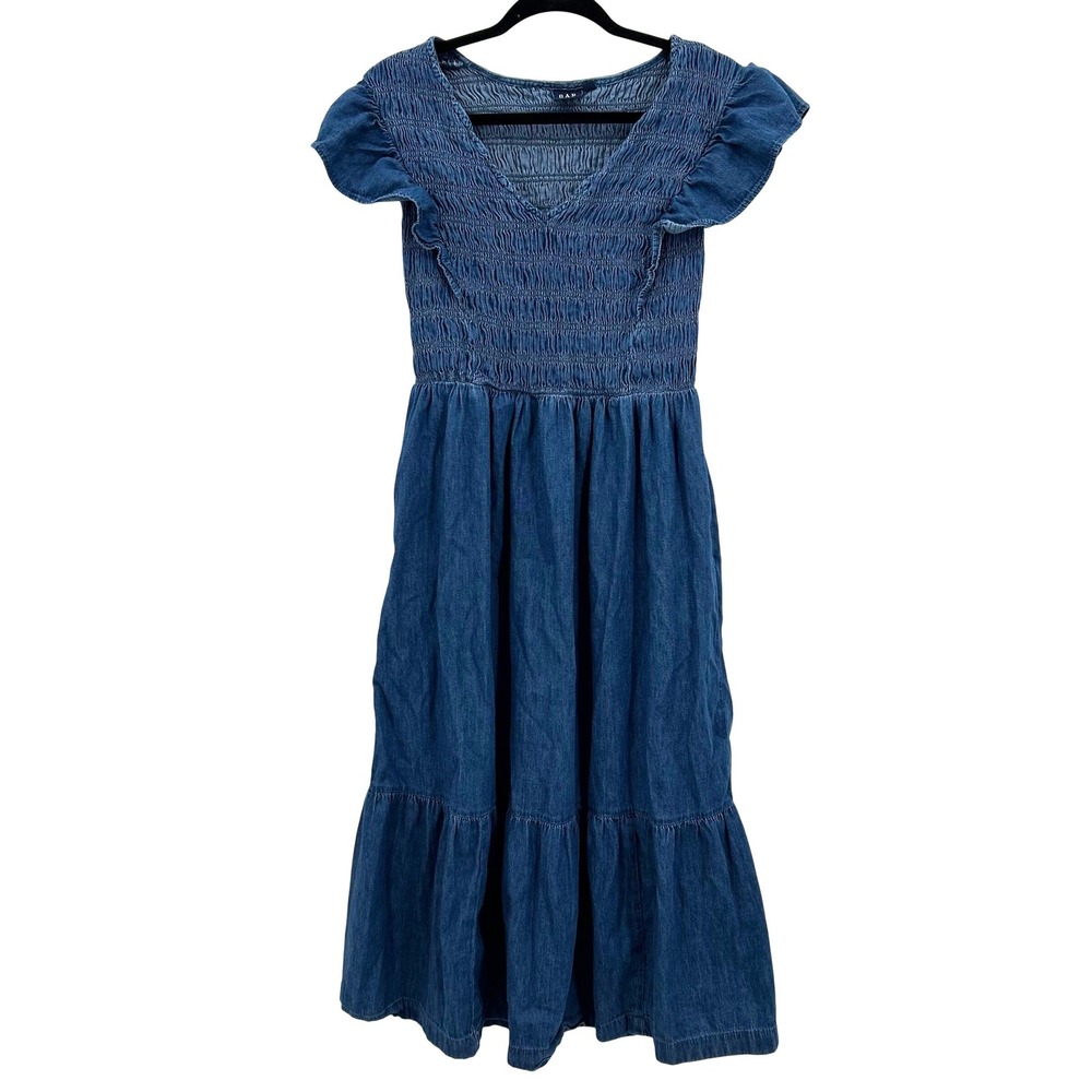 Gap Womens Smocked Denim Tiered Midi Dress Blue Ruffle Sleeve Cotton Small